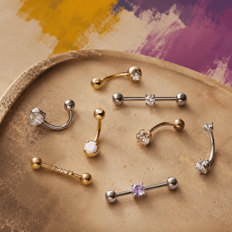 Curved and straight barbells with CZ, opal and gemstone ends