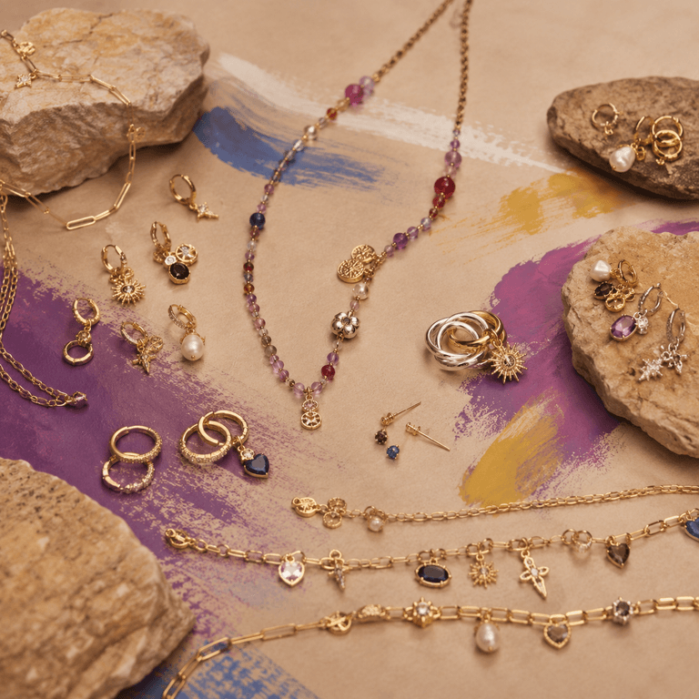 Charm drops, chains and gemstone pendants in gold