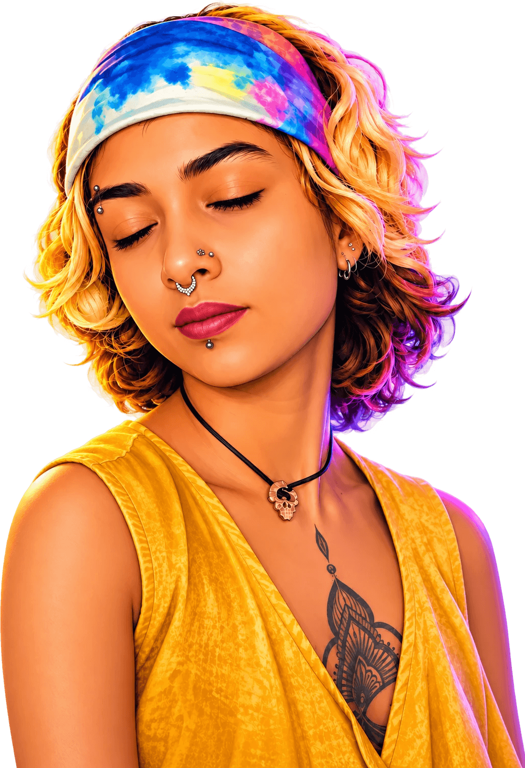 The Ouch founder — eyebrow, septum, nostril and labret piercings, tie-dye headband